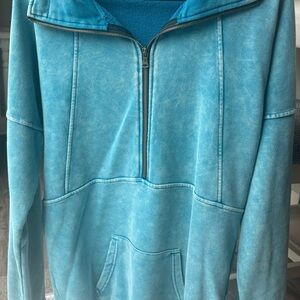 Mineral wash Blue Zip Up Sweater with High Collar and Soft Plush Fabric